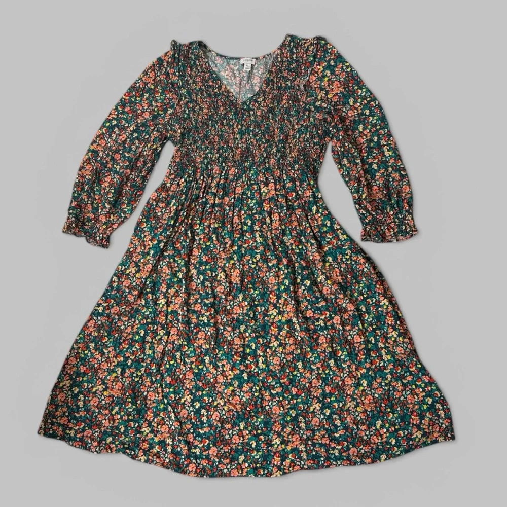 J. Crew V-Neck Smocked Green Floral Midi Dress - Picture 4 of 11